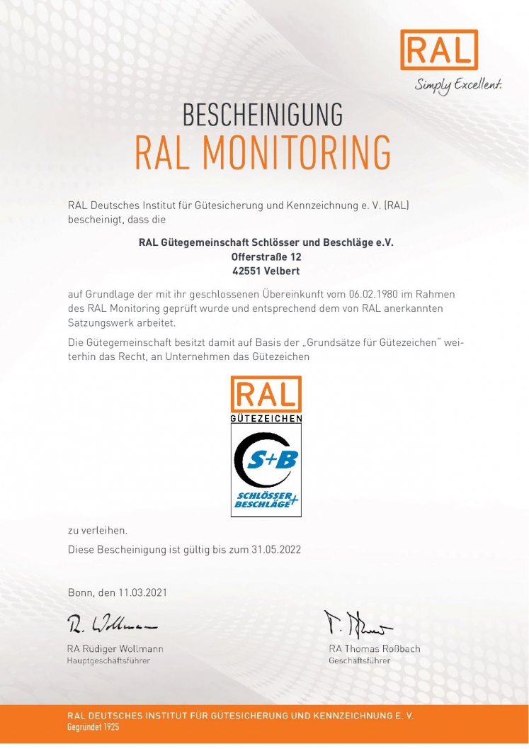 Bescheinigung RAL GG Schlösser und Beschläge